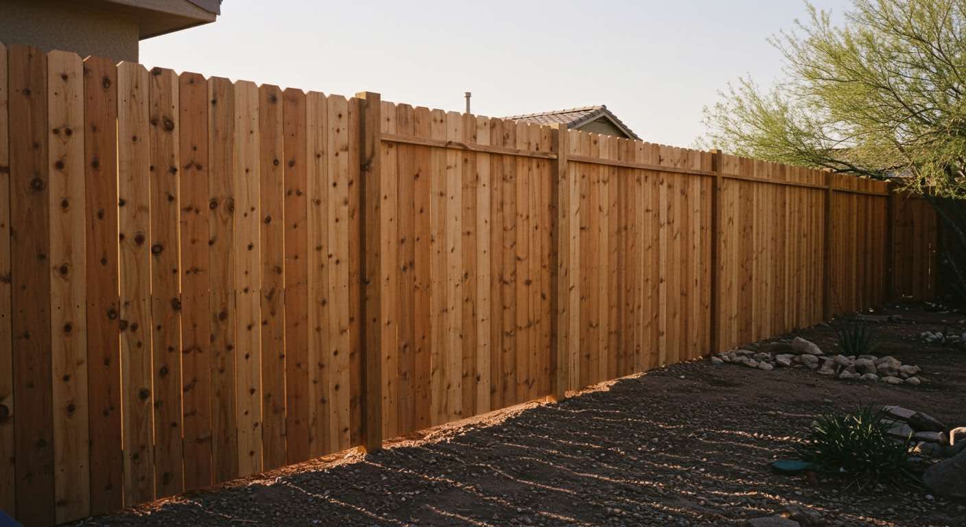 A wooden fence with a house in the background