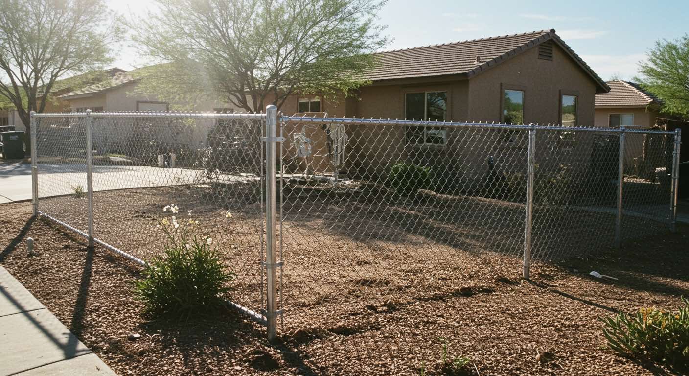 Chain-link fence in front of a house, set in a yard with gravel and small bushes.