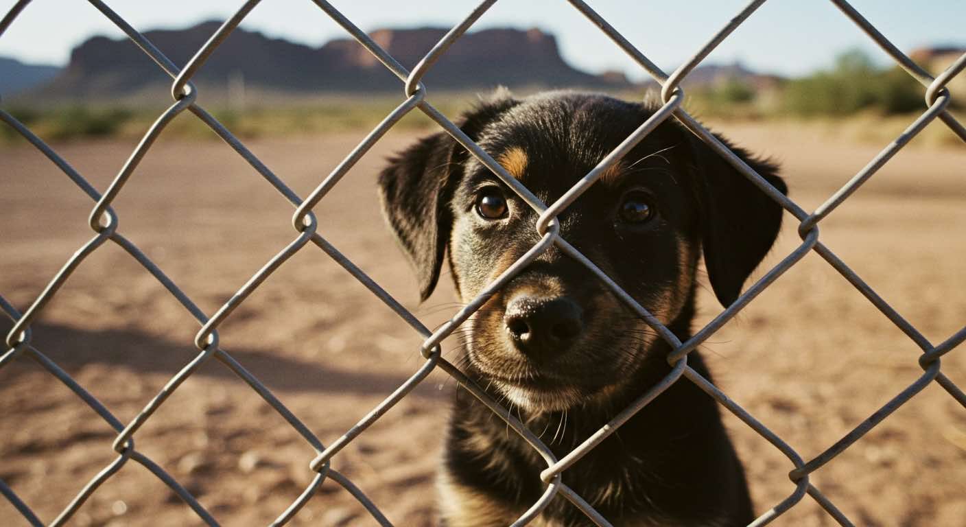 Puppy with brown and black fur looking through a chain-link fence, desert landscape in background.
