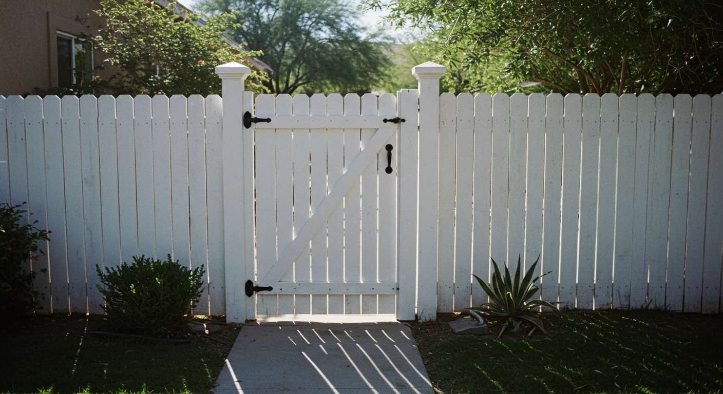 White picket fence with gate, black hinges and latch, on a sunny day.