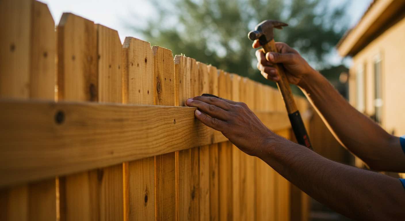 Person hammering nails into a wooden fence in the sunlight.