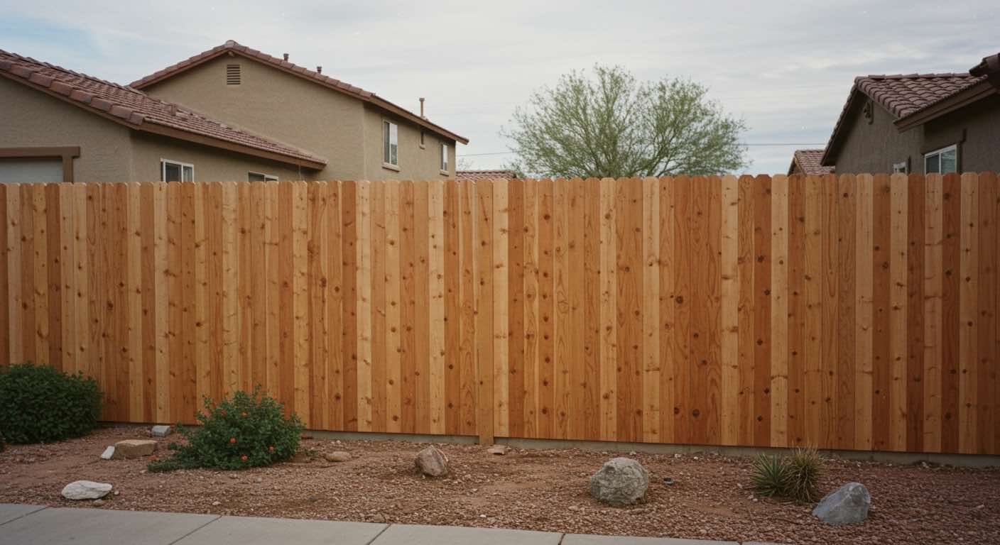 Wooden fence in front of beige houses with reddish-brown tile roofs; small bushes and rocks in the foreground.