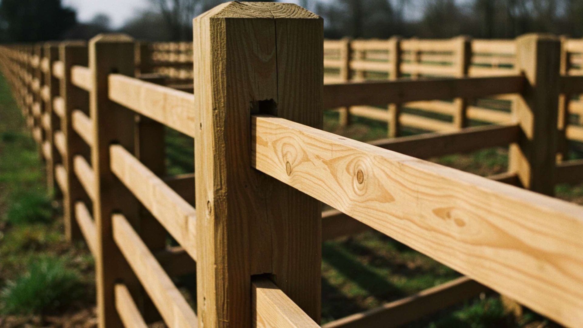 Wooden fence posts with horizontal rails, in a field on a sunny day.