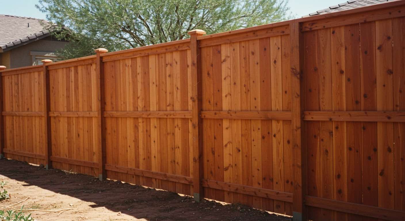Wooden privacy fence, stained brown, extending in front of a house.