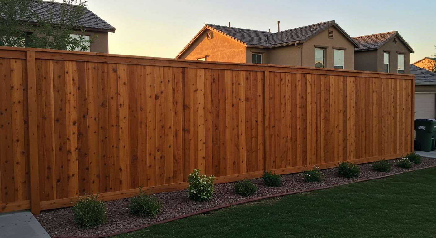 A cedar wood fence in the back yard of a home in Tacna AZ.