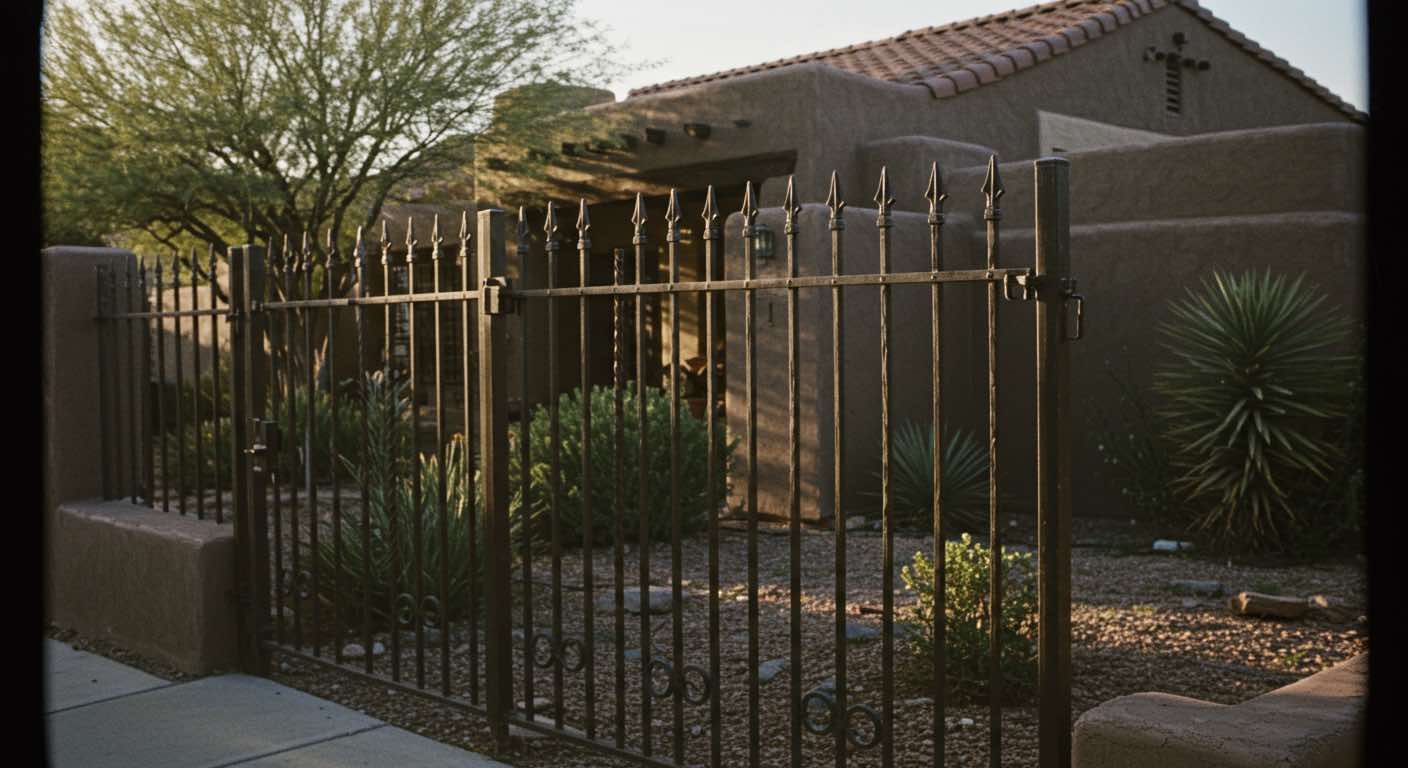 A black wrought iron decorative fence in the yard of a house in Tacna AZ