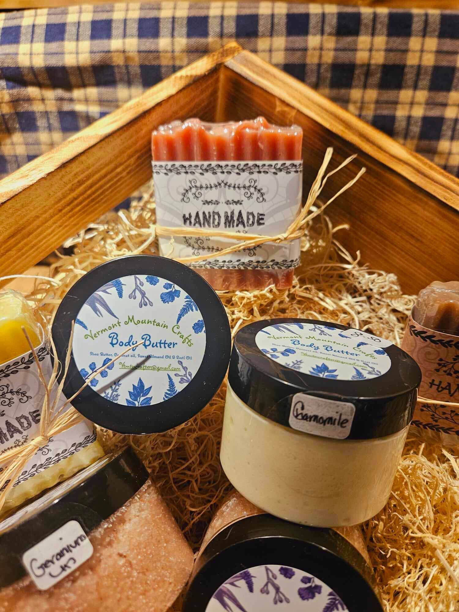 A box full of Vermont Mountain Crafts and Aunt Sadie's Candles products