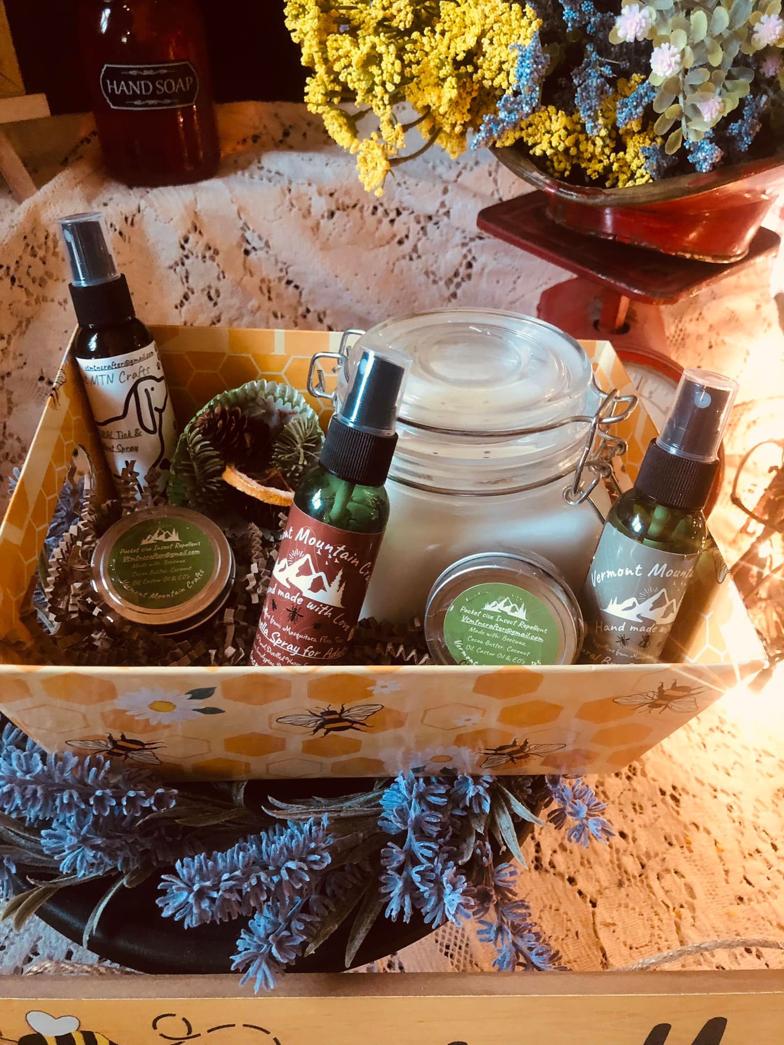 A gift box full of goodies by Aunt Sadie's Candles and Vermont Mountain Crafts
