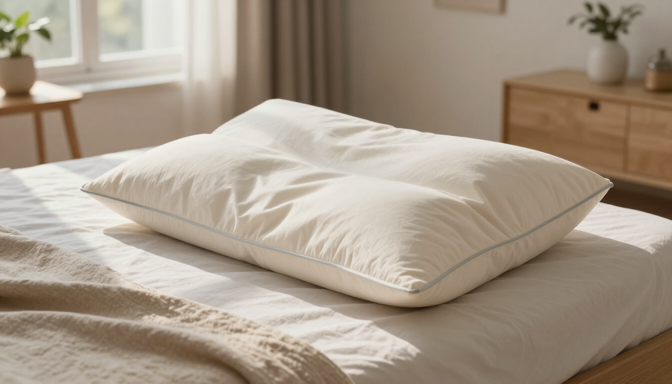 Cream-colored pillow on a neatly made bed in a sunlit bedroom