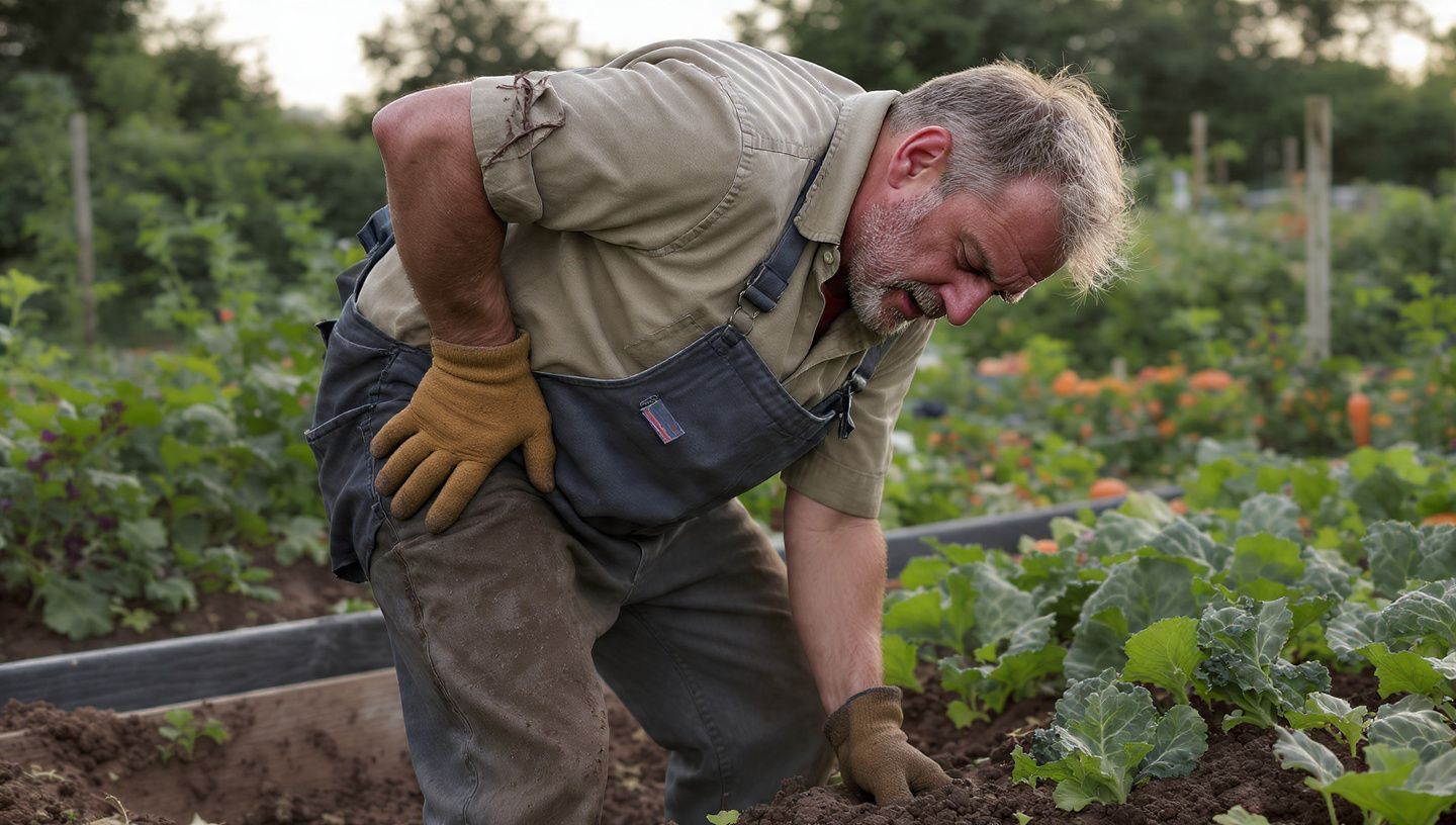 Gardener in gloves bending over a vegetable bed in a lush garden, tending plants.