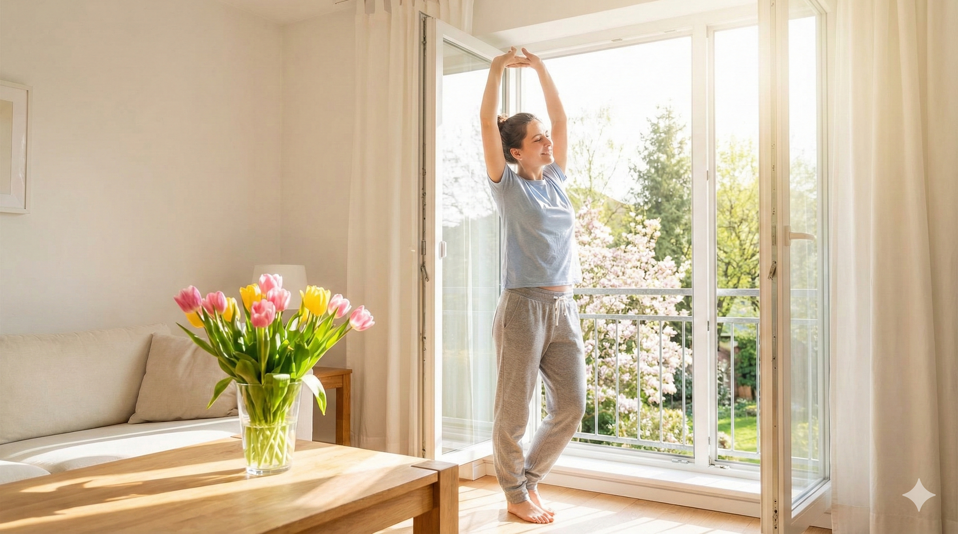 Woman stretches by open balcony doors, arms raised. Sunlight streams in; tulips on table.