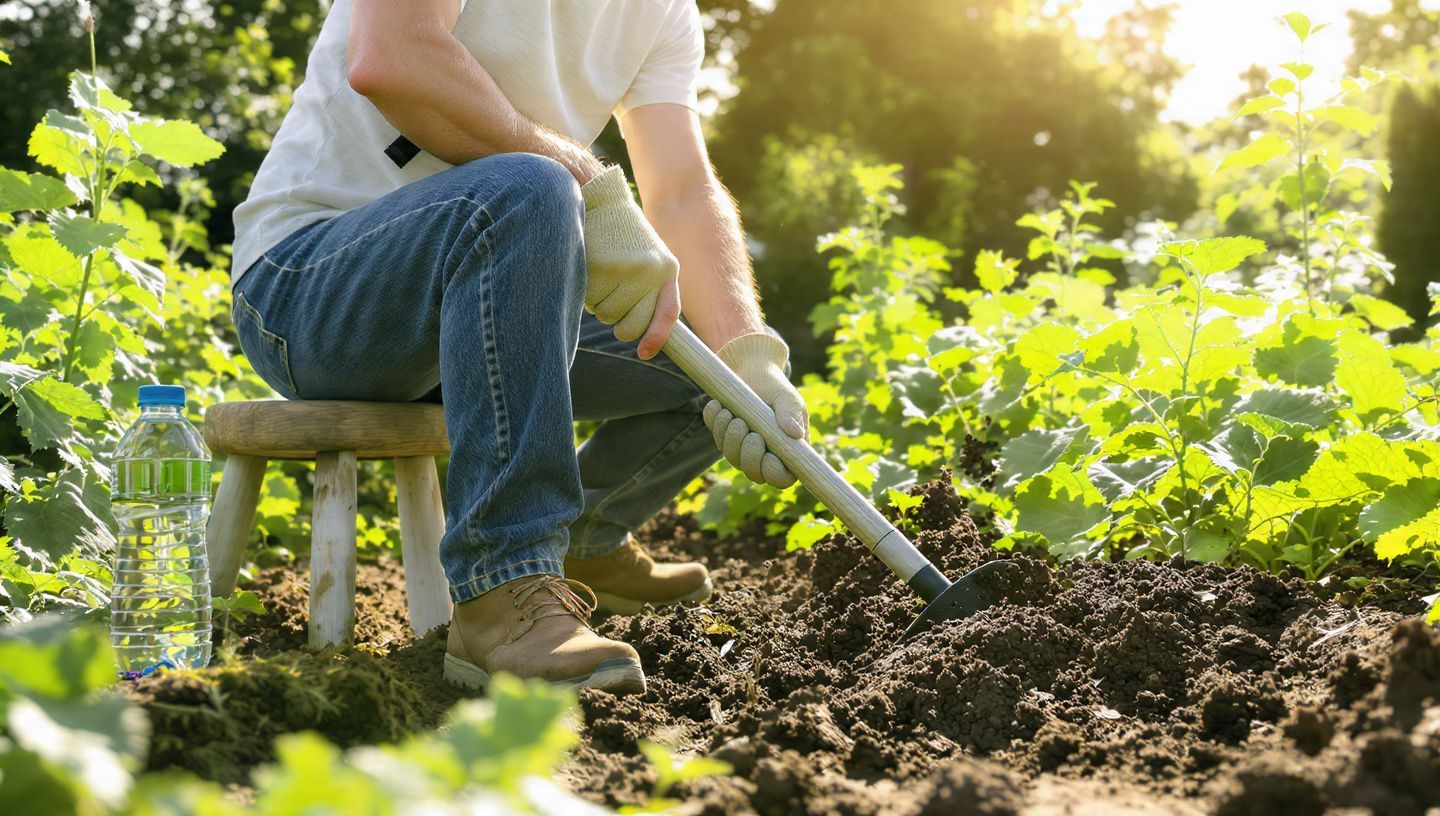 Gardener kneeling in a sunlit vegetable patch, using a hand trowel among green plants and soil.
