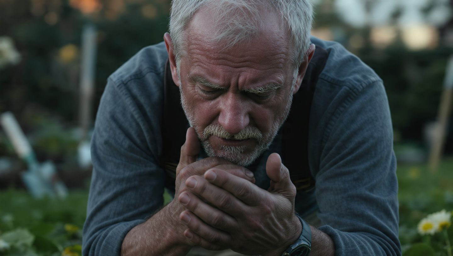 Man kneels in a garden, gently cupping a small animal in his hands, with a focused, tender expression.