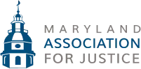 The maryland association for justice logo is a blue and white tower with a flag on top.