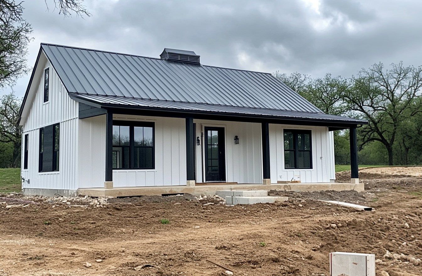 Mother in law quarters; farmhouse with black trim and a metal roof