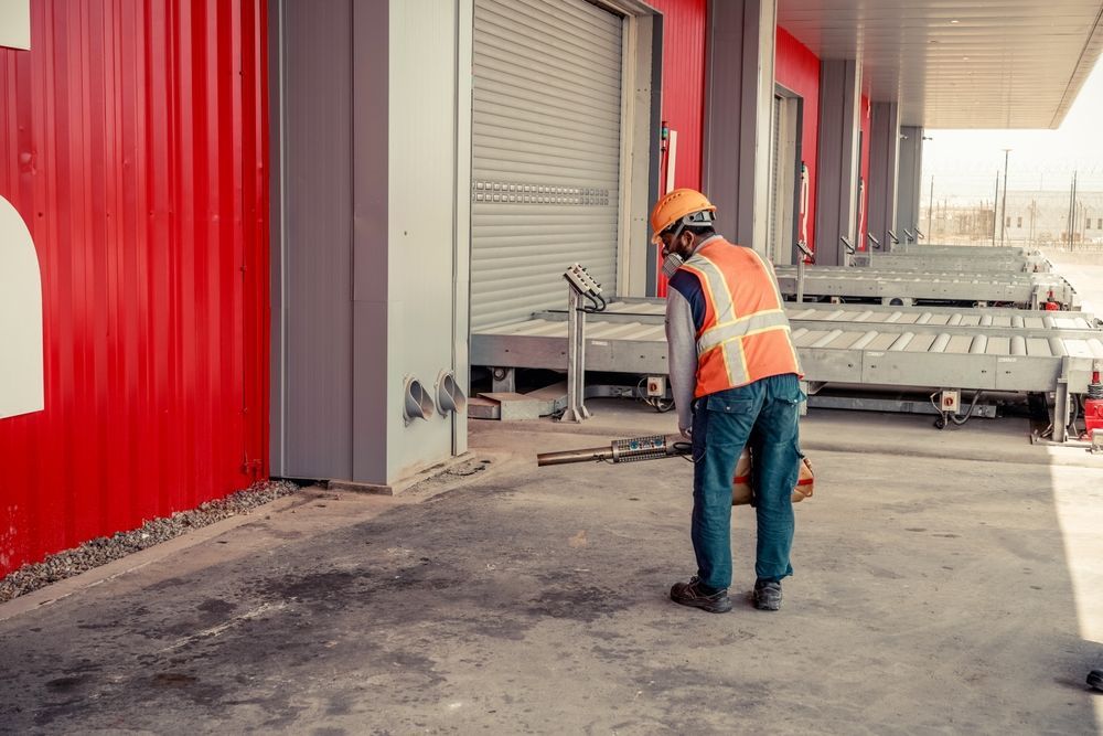 Worker in orange safety vest and helmet inspecting equipment beside a red industrial building.