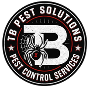 TB Pest Solutions logo with a spider and web, black-and-red pest control service emblem