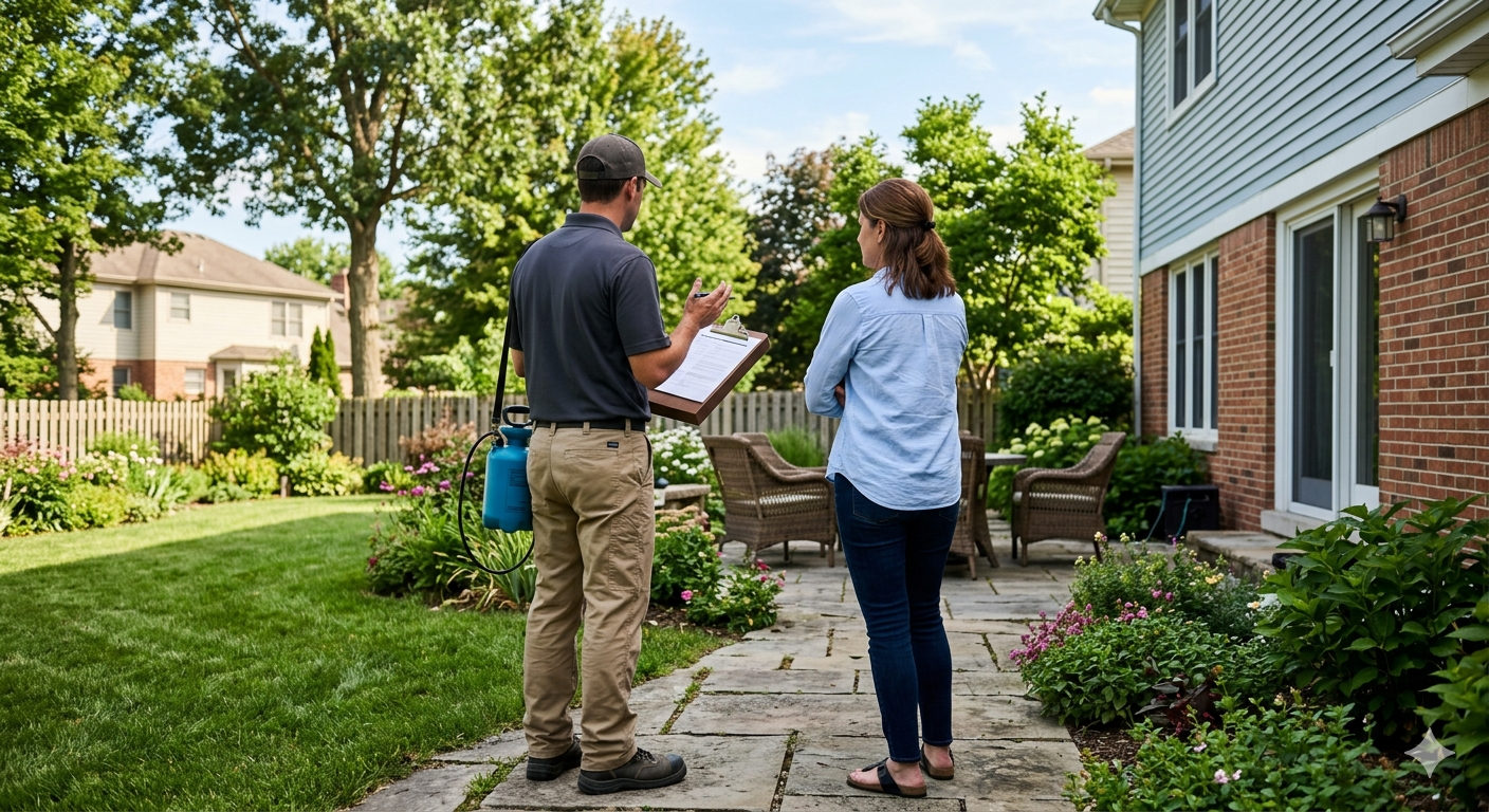 Two people walk along a garden path beside a house, one holding a clipboard.