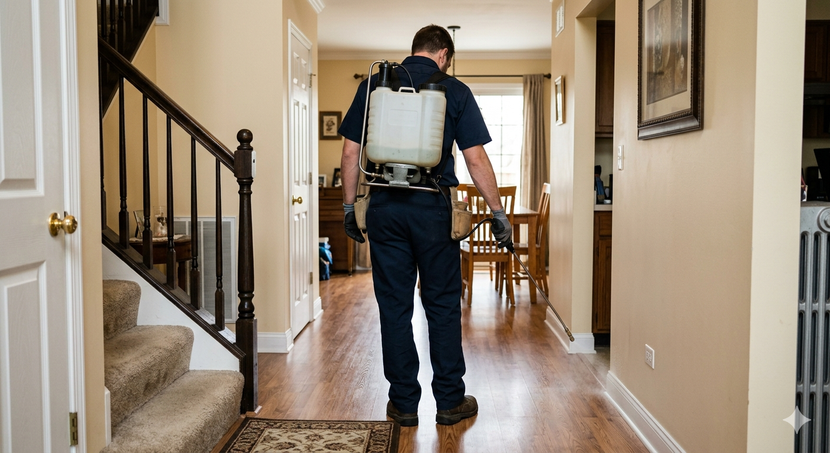 Person wearing a backpack sprayer walks through a hallway in a home.