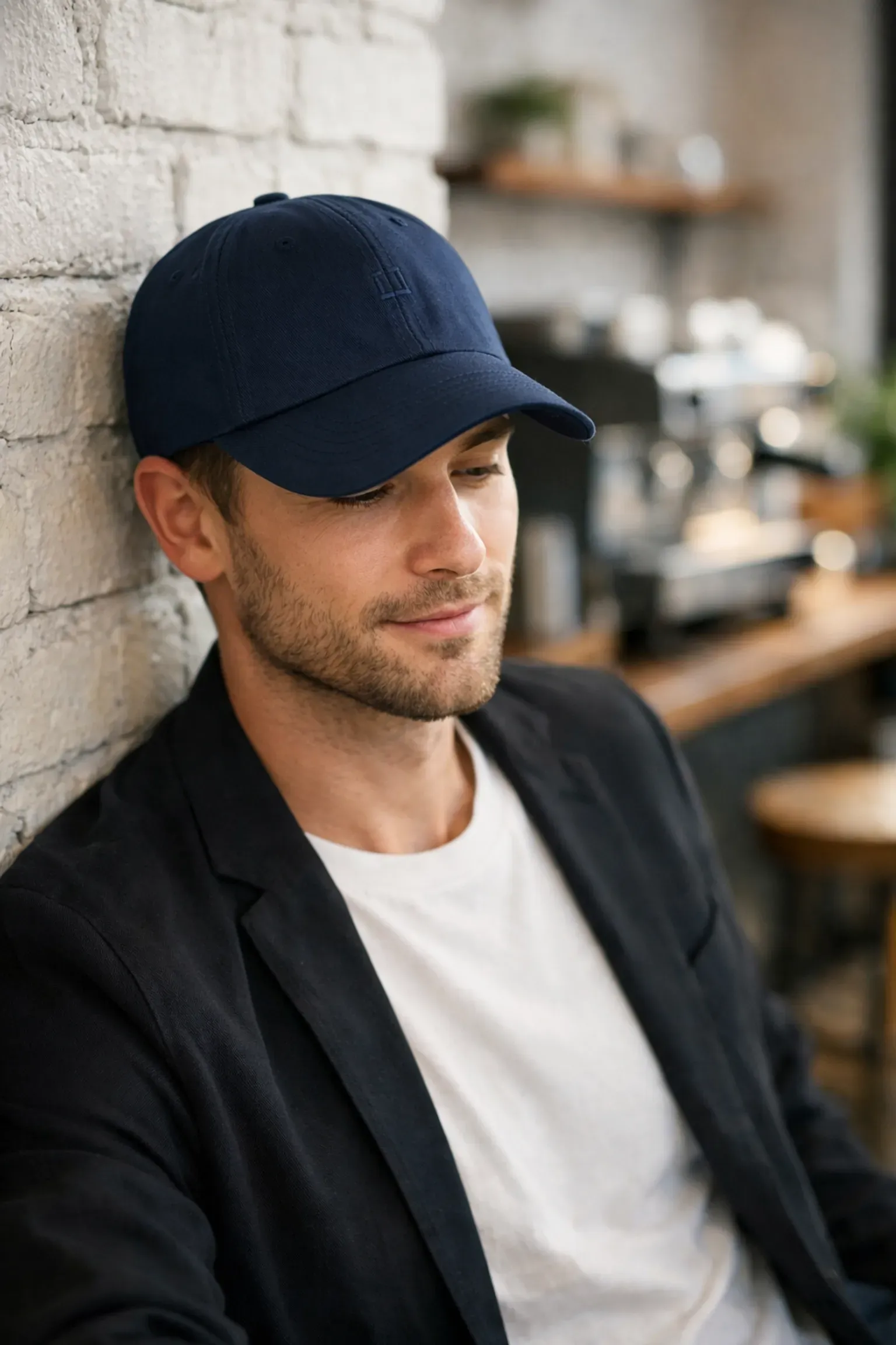 Man in a navy cap and blazer leaning against a brick wall, looking down.