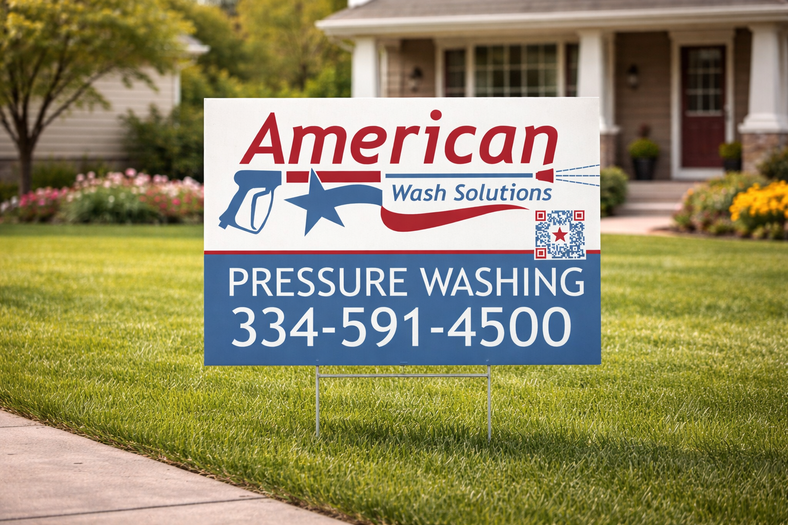 American Wash Solutions pressure washing yard sign on a green lawn with house in background, phone 334-591-4500