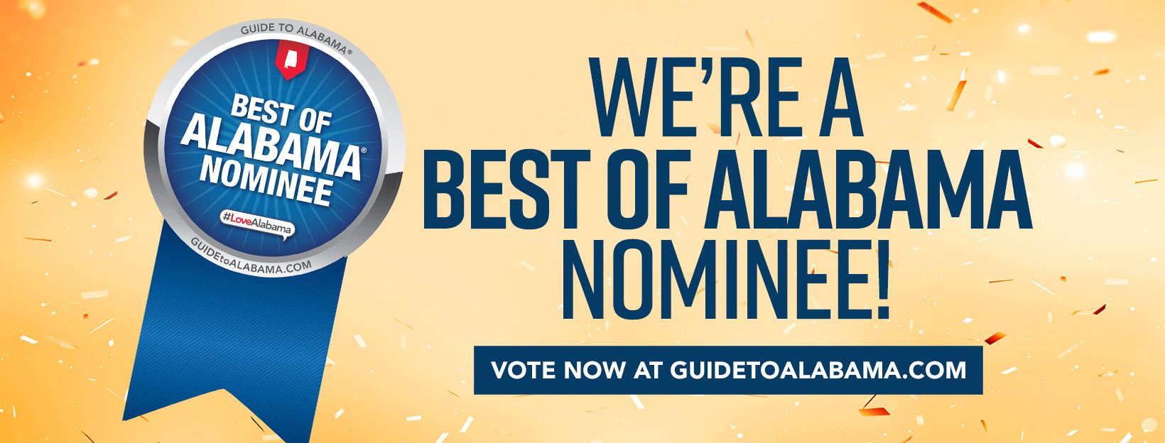 Blue award ribbon with “Best of Alabama Nominee” beside text “We’re a Best of Alabama nominee!” and vote link