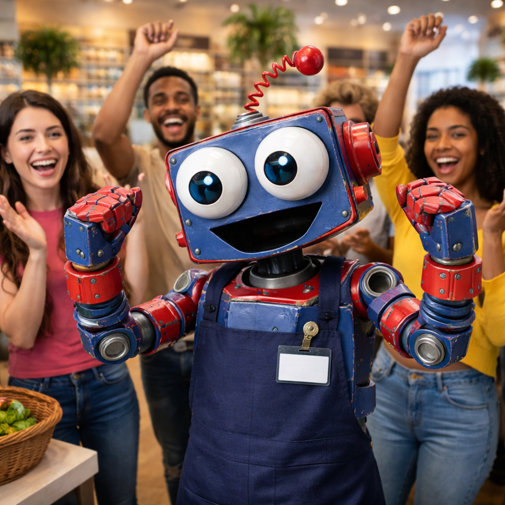 Smiling robot chef with raised arms in a kitchen, with people cheering in the background