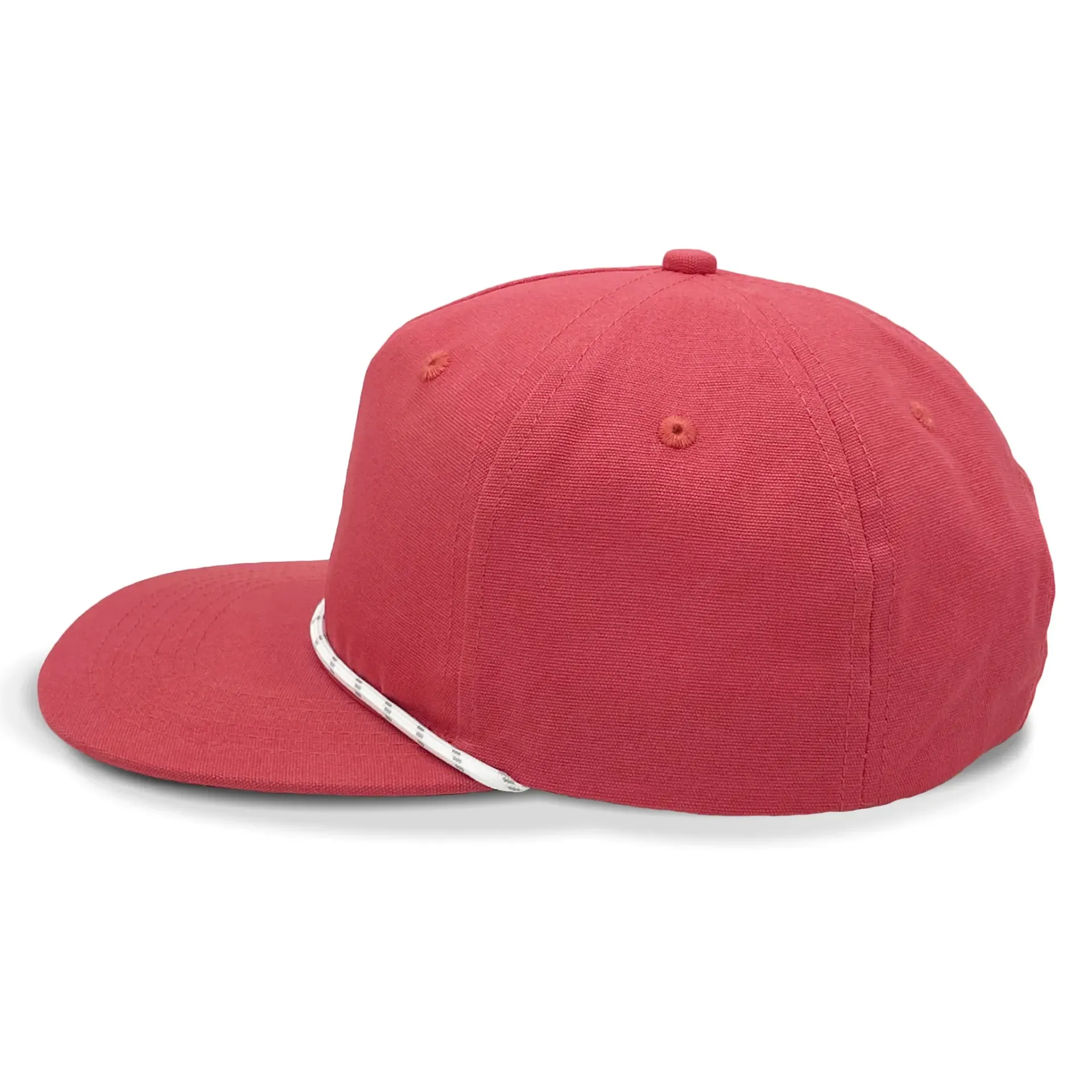A red baseball cap with a white rope around it