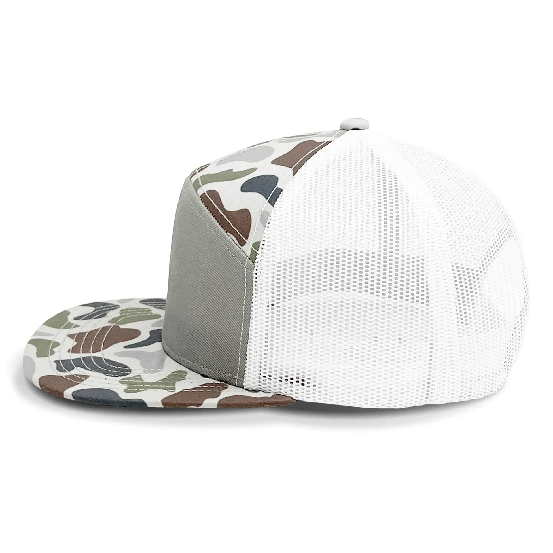 The back of a white trucker hat with a camouflage pattern on it.