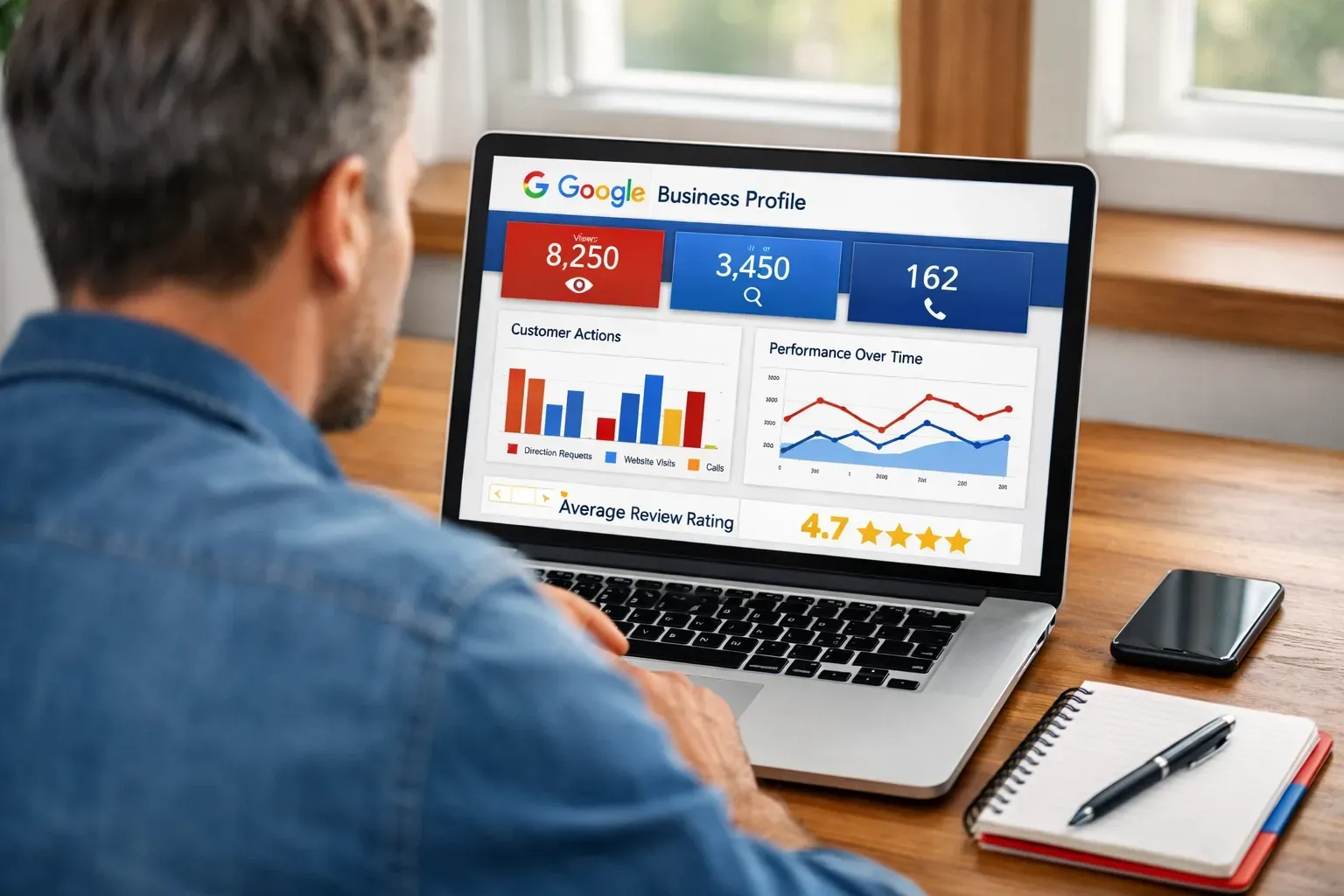 Man reviewing Google Business Profile analytics on a laptop at a desk with a phone and notebook.
