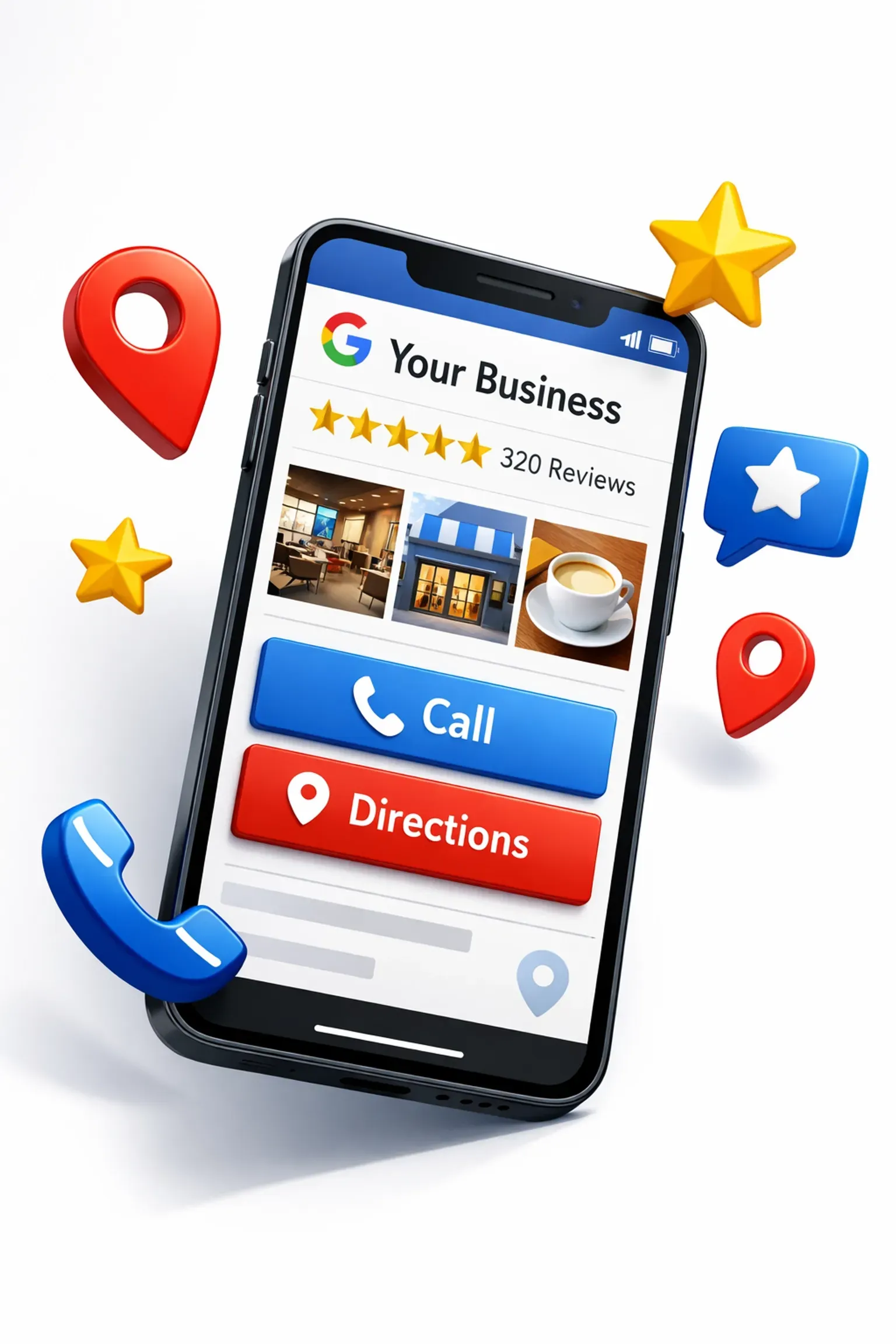 Smartphone showcasing a Google Business Profile with call and directions buttons, surrounded by location and rating icons.