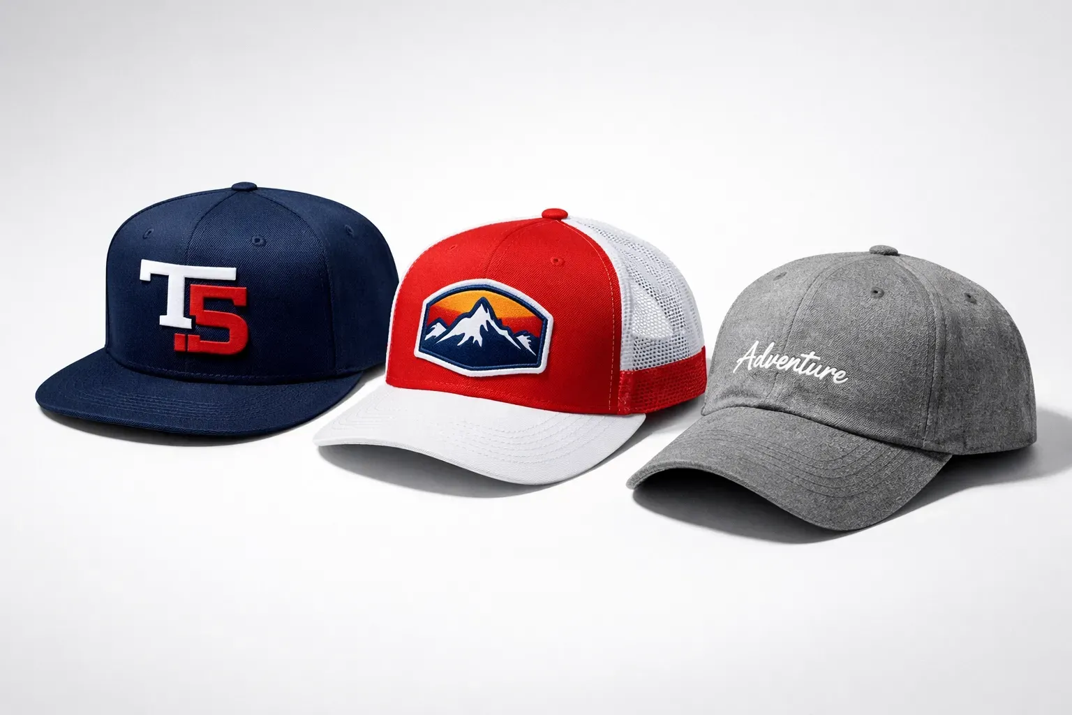 Three baseball caps: navy with 