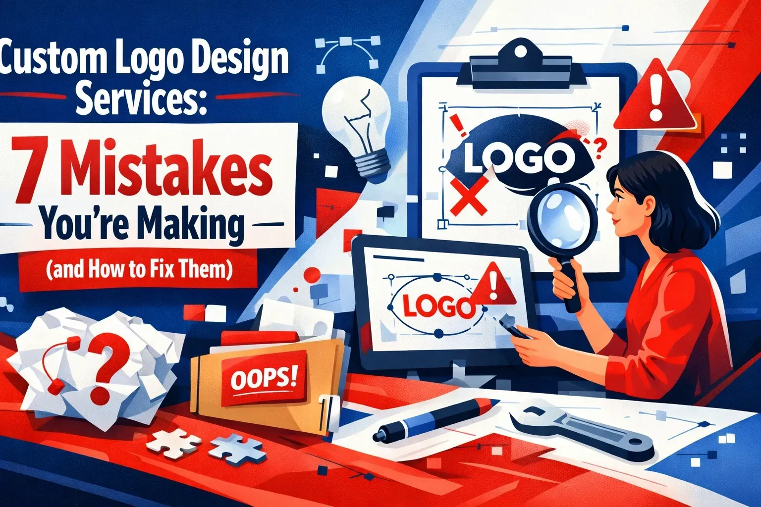 Graphic illustrating custom logo design services, highlighting 7 common mistakes and solutions. 