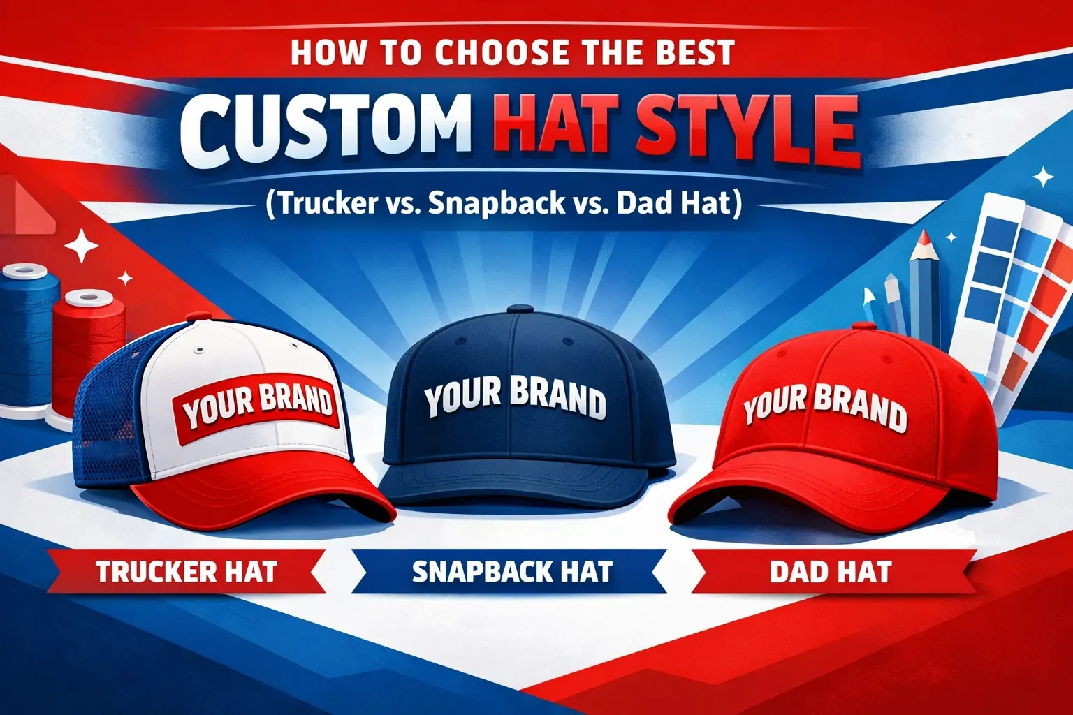 Comparison graphic of custom hat styles: trucker, snapback, and dad hats, each with a 
