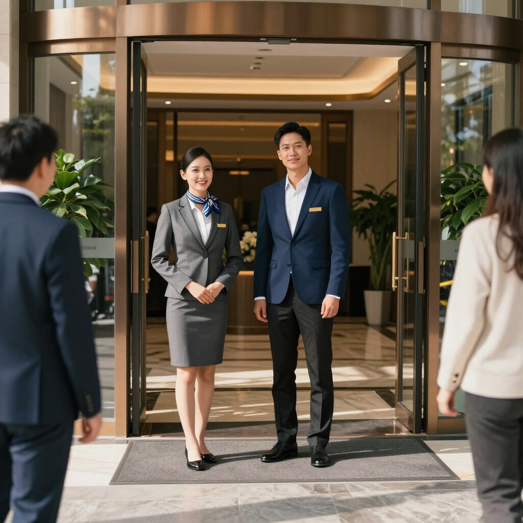 Two hotel staff stand at a glass entrance, welcoming guests as they arrive.