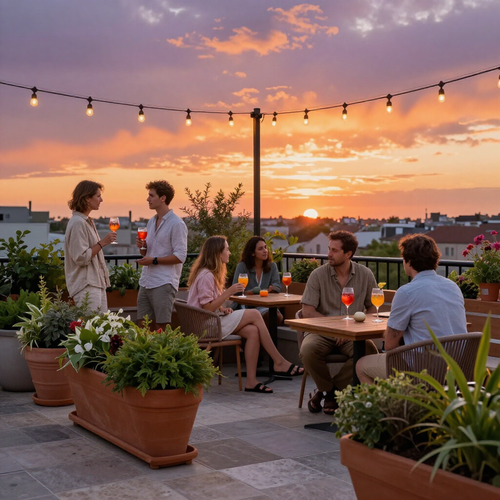 Rooftop patio at sunset with people chatting over drinks under string lights and orange sky