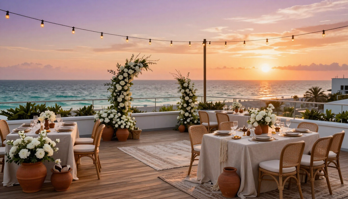 Rooftop wedding ceremony setup in Miami Beach with ocean views.