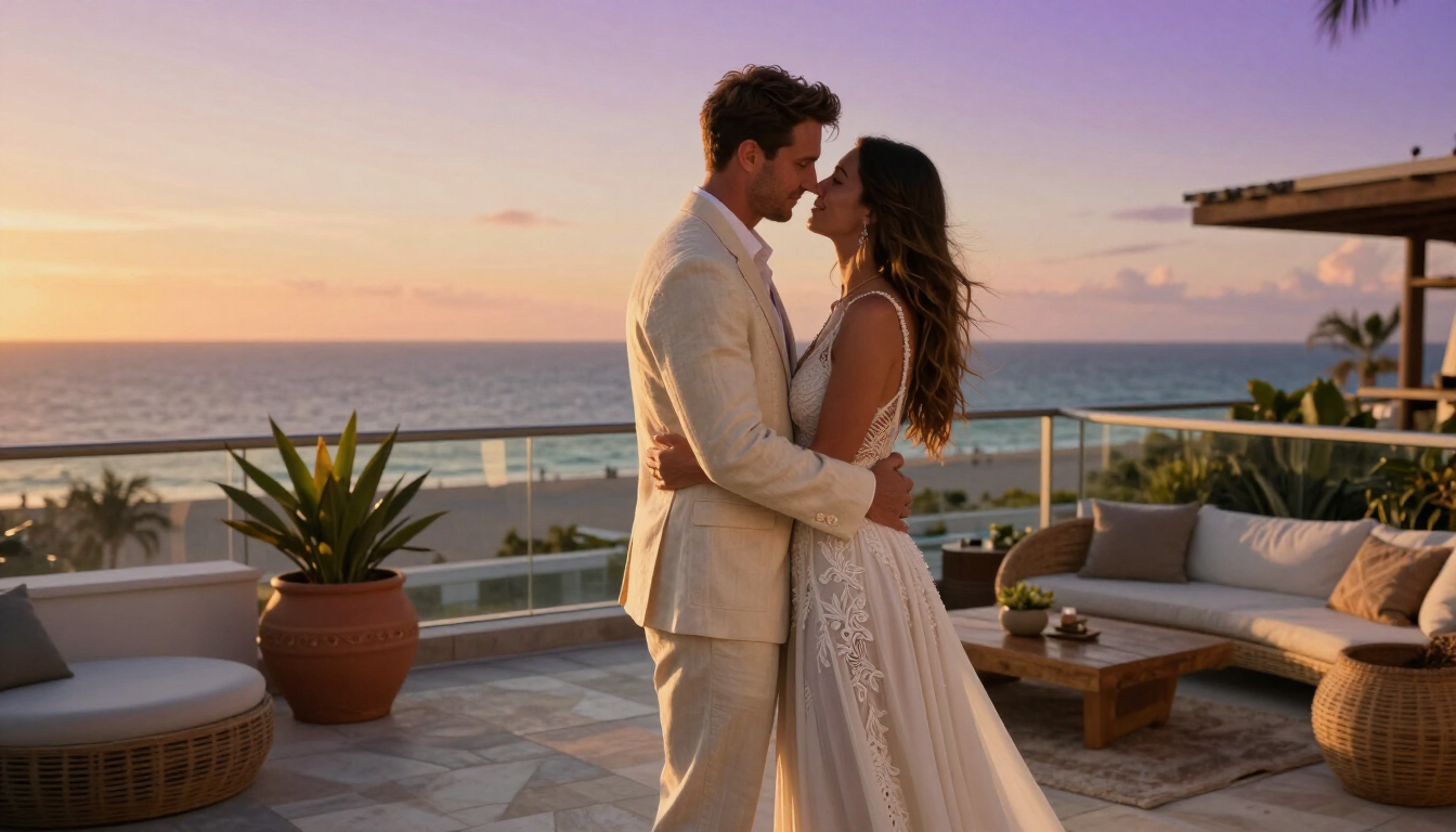 Couple at sunset on a rooftop