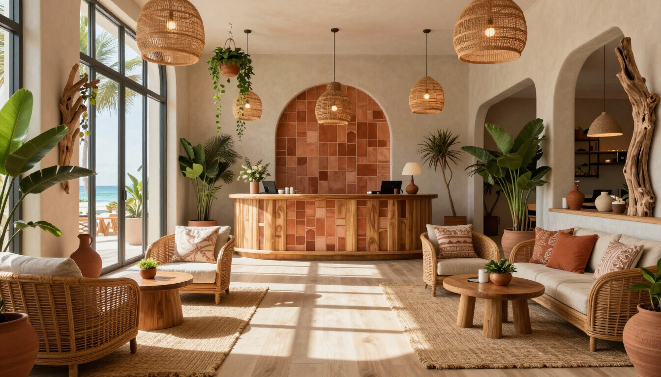 Romantic boutique hotel interior in Miami Beach with boho luxury design.