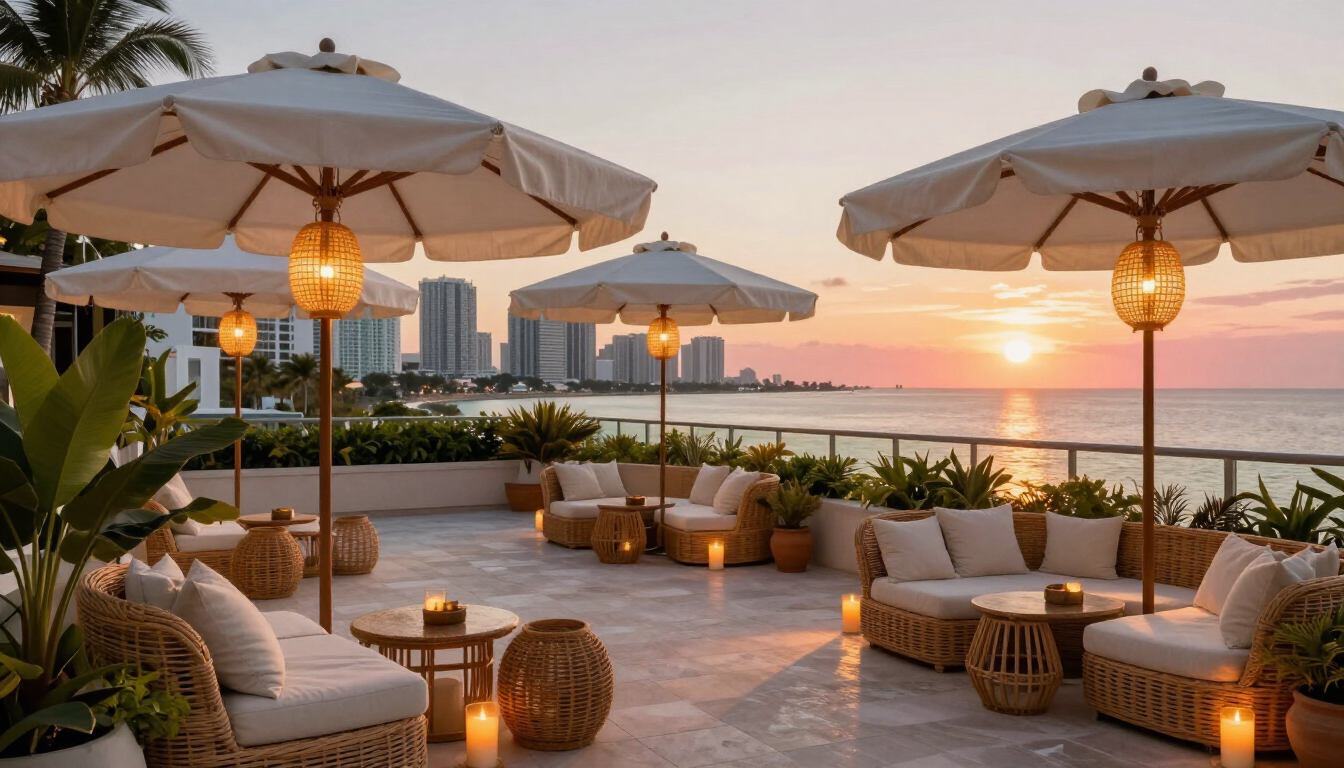 Boutique hotel rooftop in Miami Beach at sunset