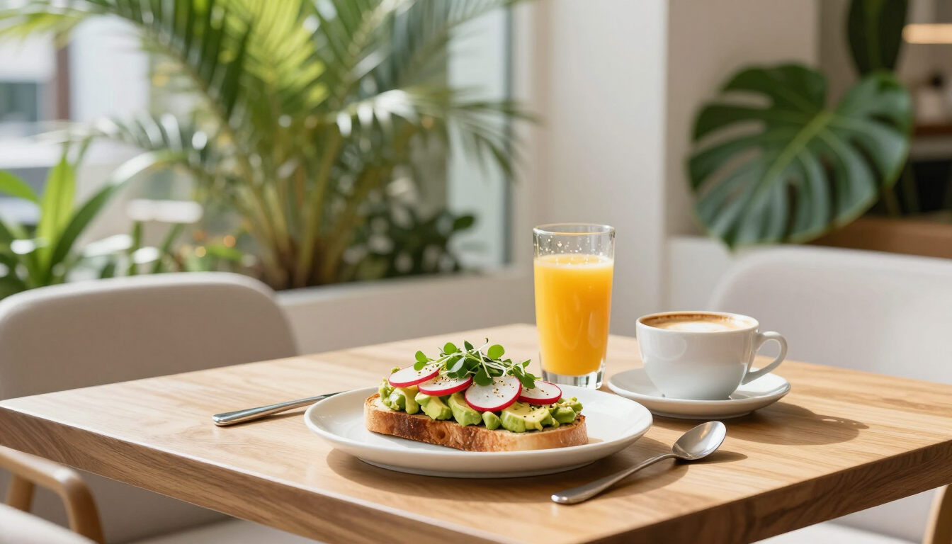 A delicious breakfast spread at Townhouse Hotel Miami featuring fresh juice and coffee.