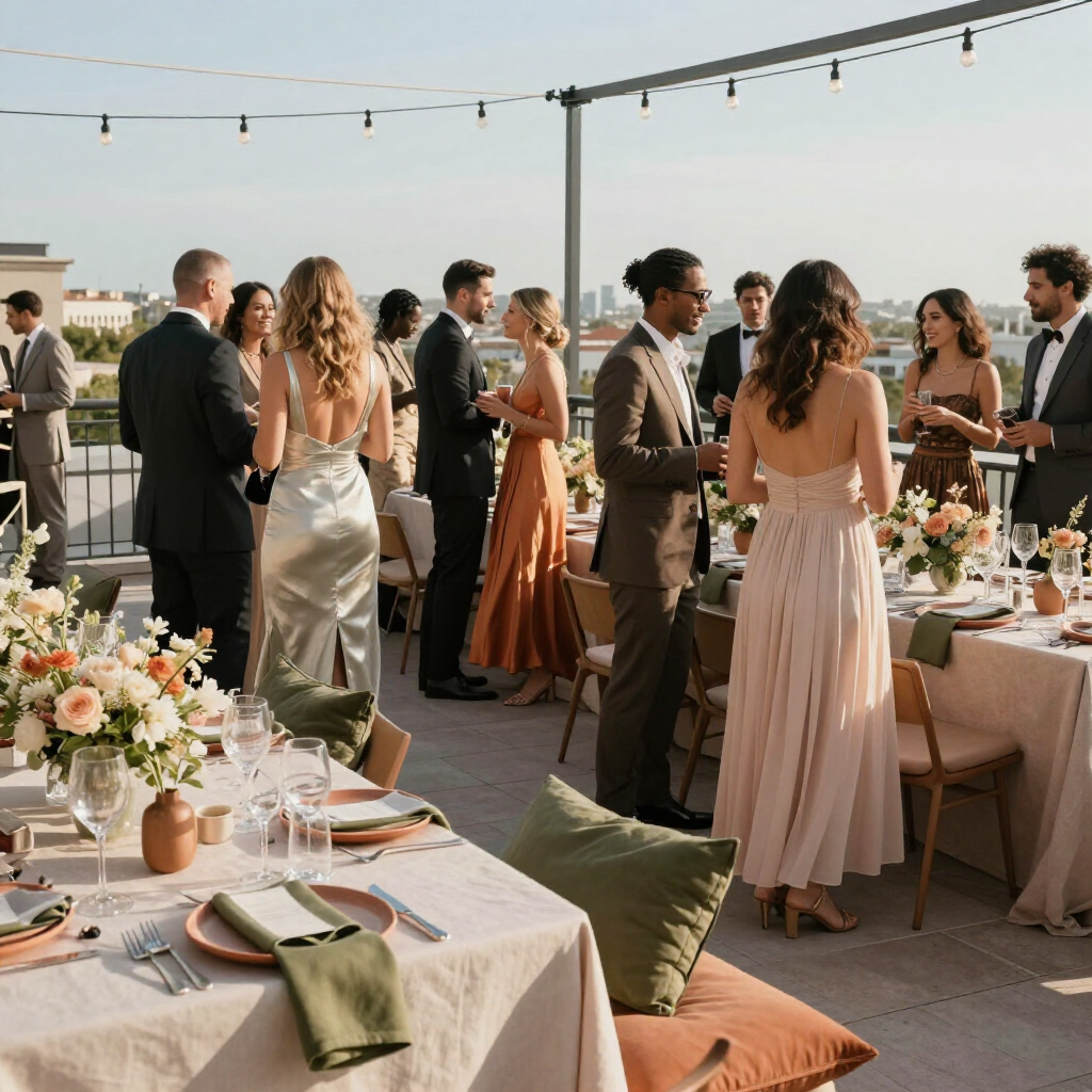Guests mingle at an elegant outdoor wedding reception with floral tables, sunset lighting, and string lights.
