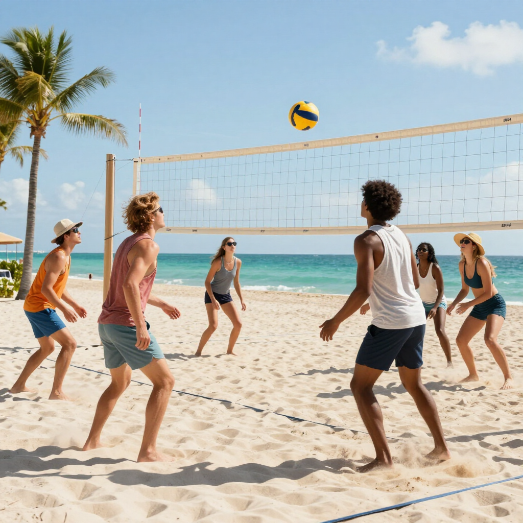 People playing beach volleyball on a sunny tropical beach under a clear blue sky.
