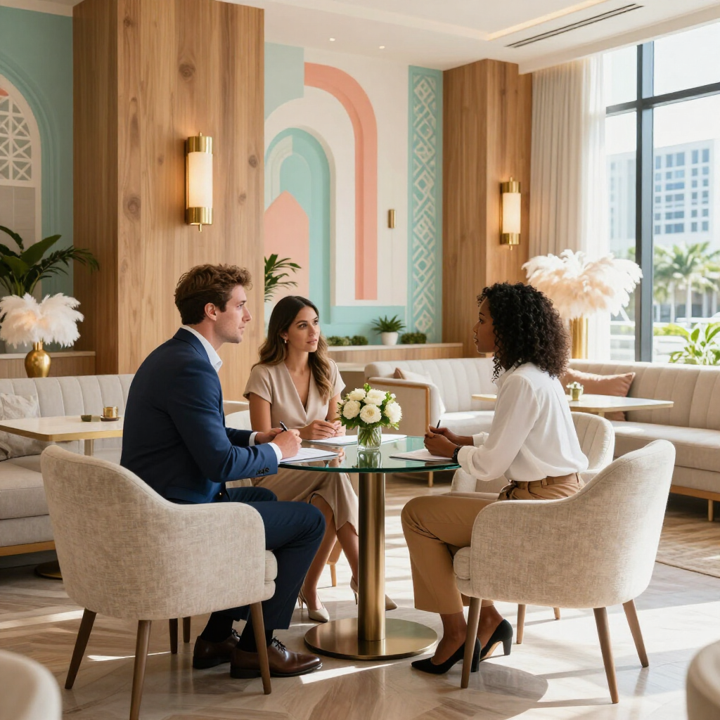 Three people talking at a round table in a bright, modern lounge with wood accents and large windows