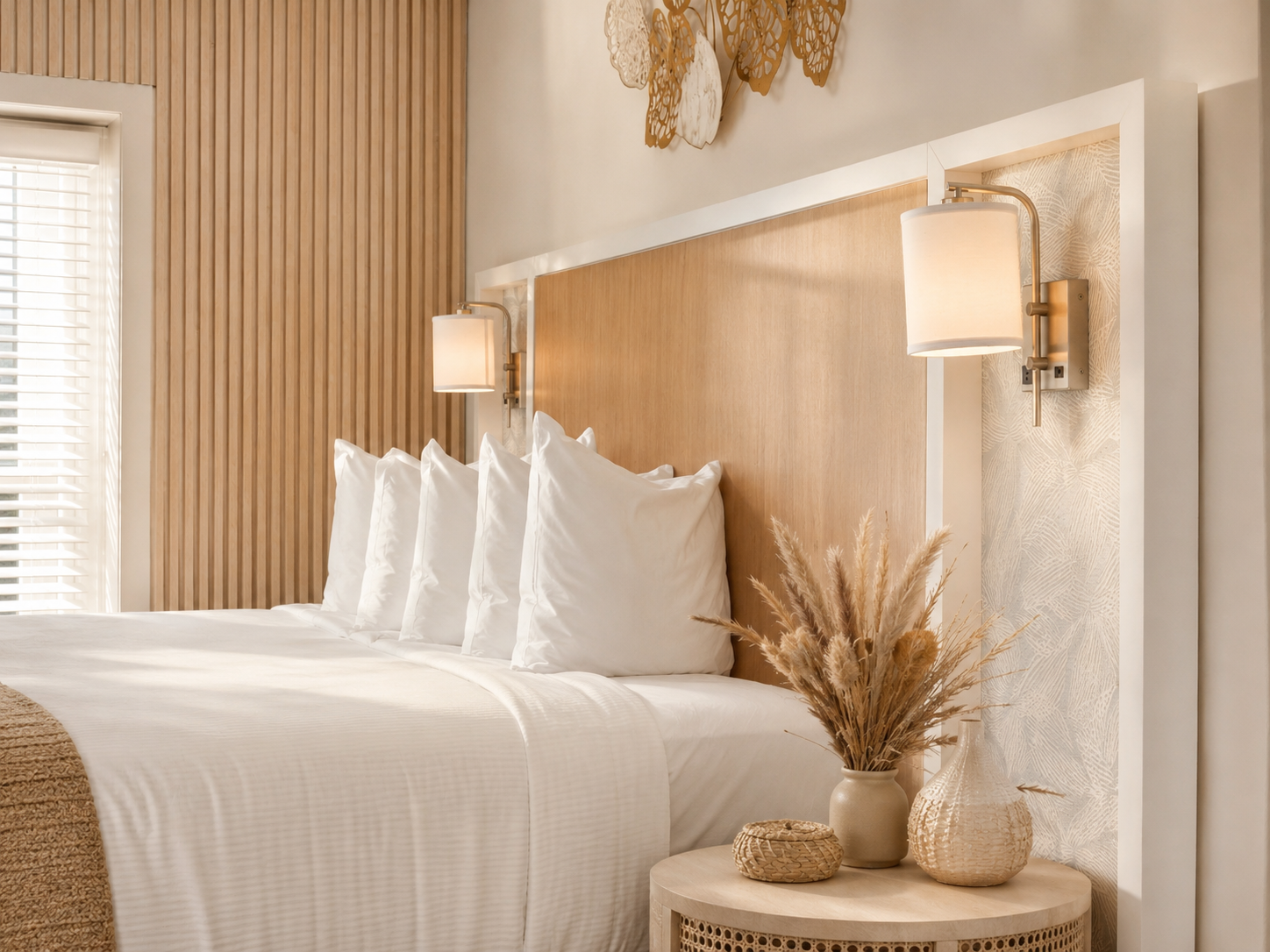 Bright coastal bedroom with terrace, ocean view, palm trees, and beige furnishings