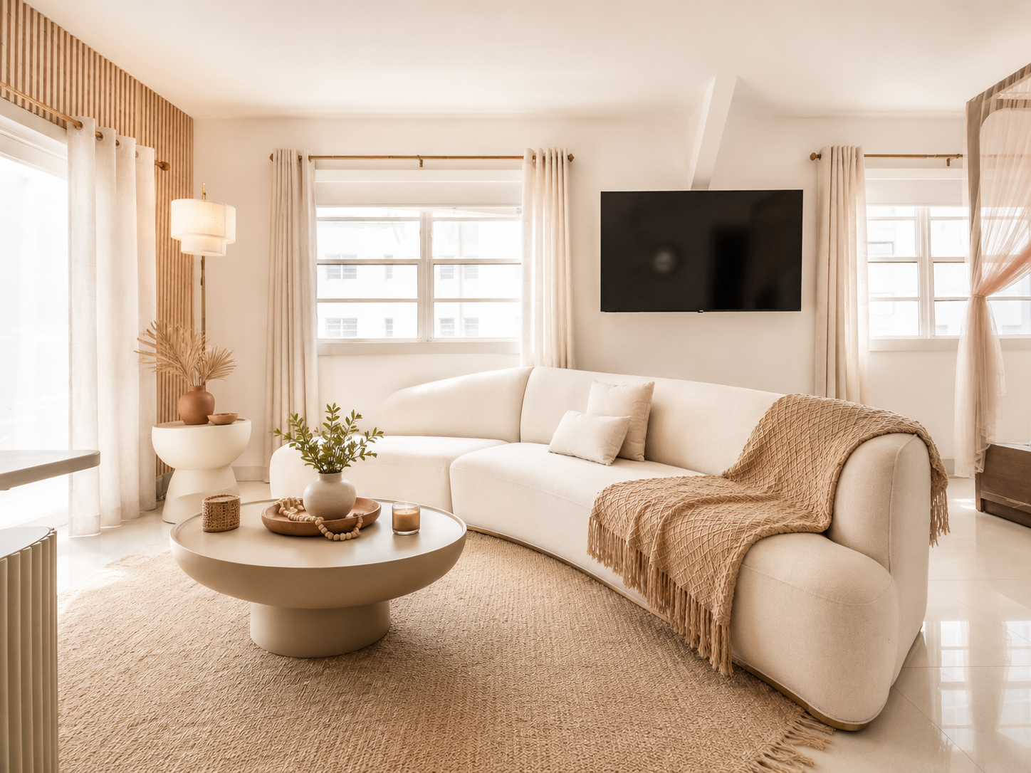 Bright modern living room with cream sectional sofa, round coffee table, wall-mounted TV, and large windows