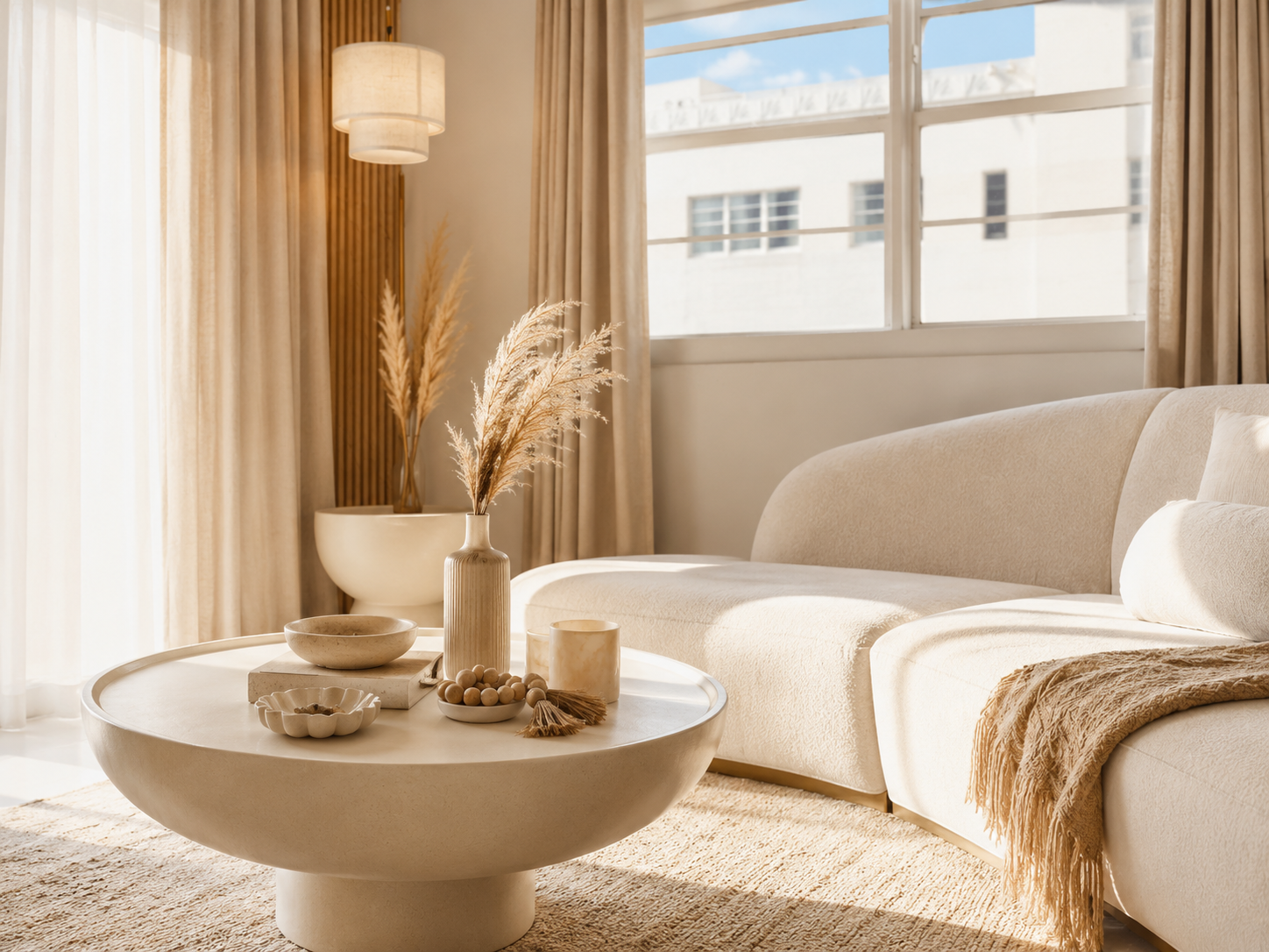 Bright beige living room with a sofa, round coffee table, dried decor, and sunlight through large windows