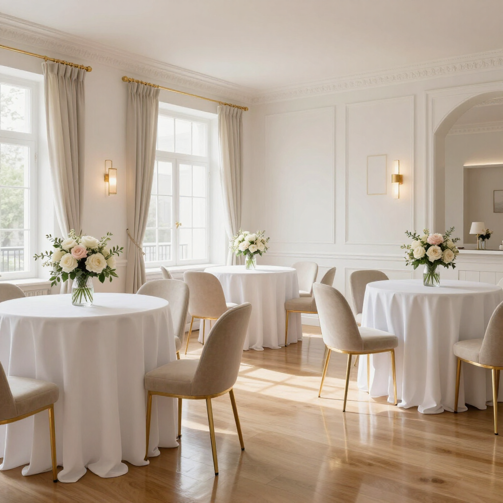 Elegant white dining room with round tables, floral centerpieces, and soft daylight from tall windows