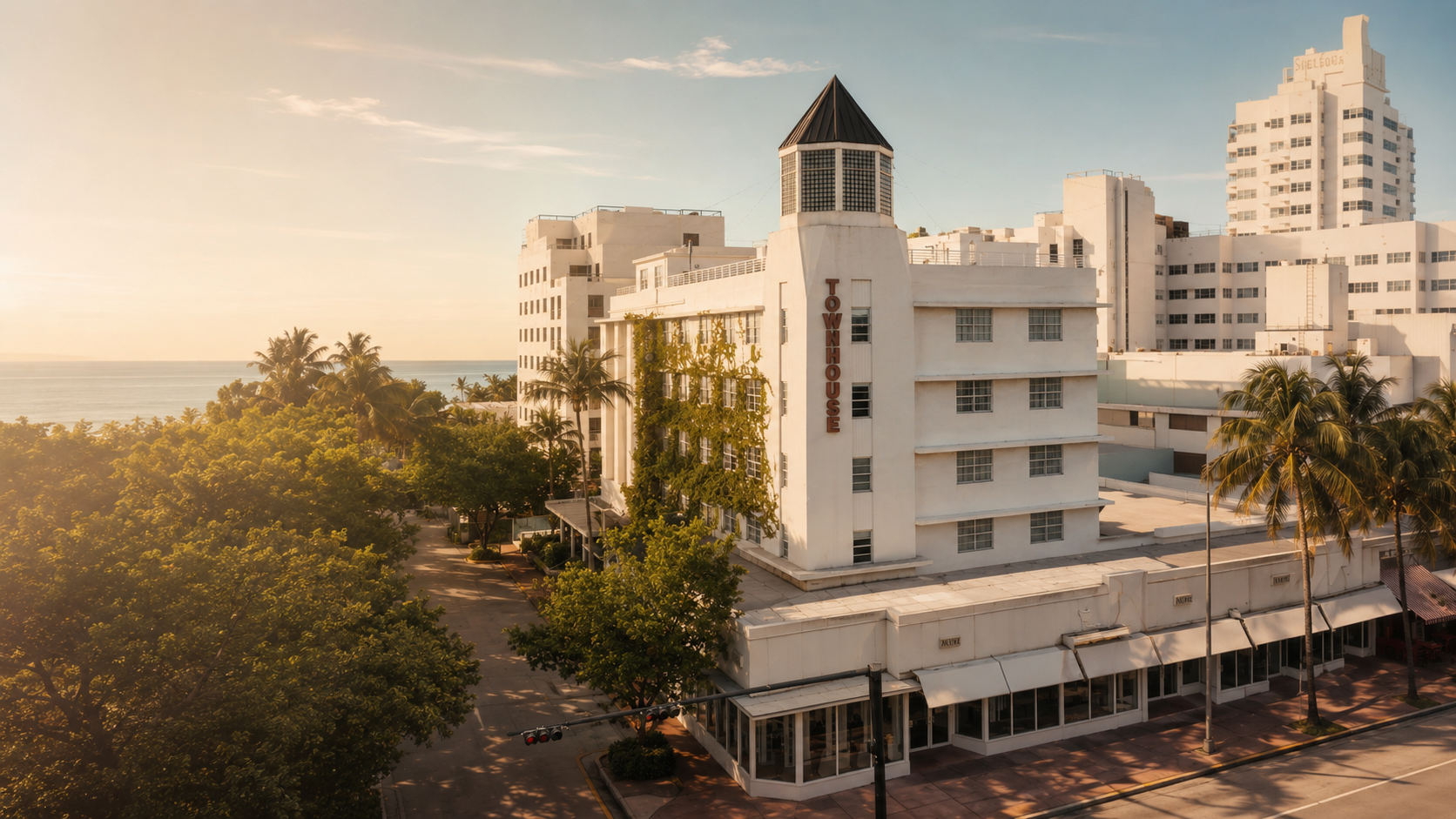 Sunlit white beachfront hotel with palm trees and ocean at dawn