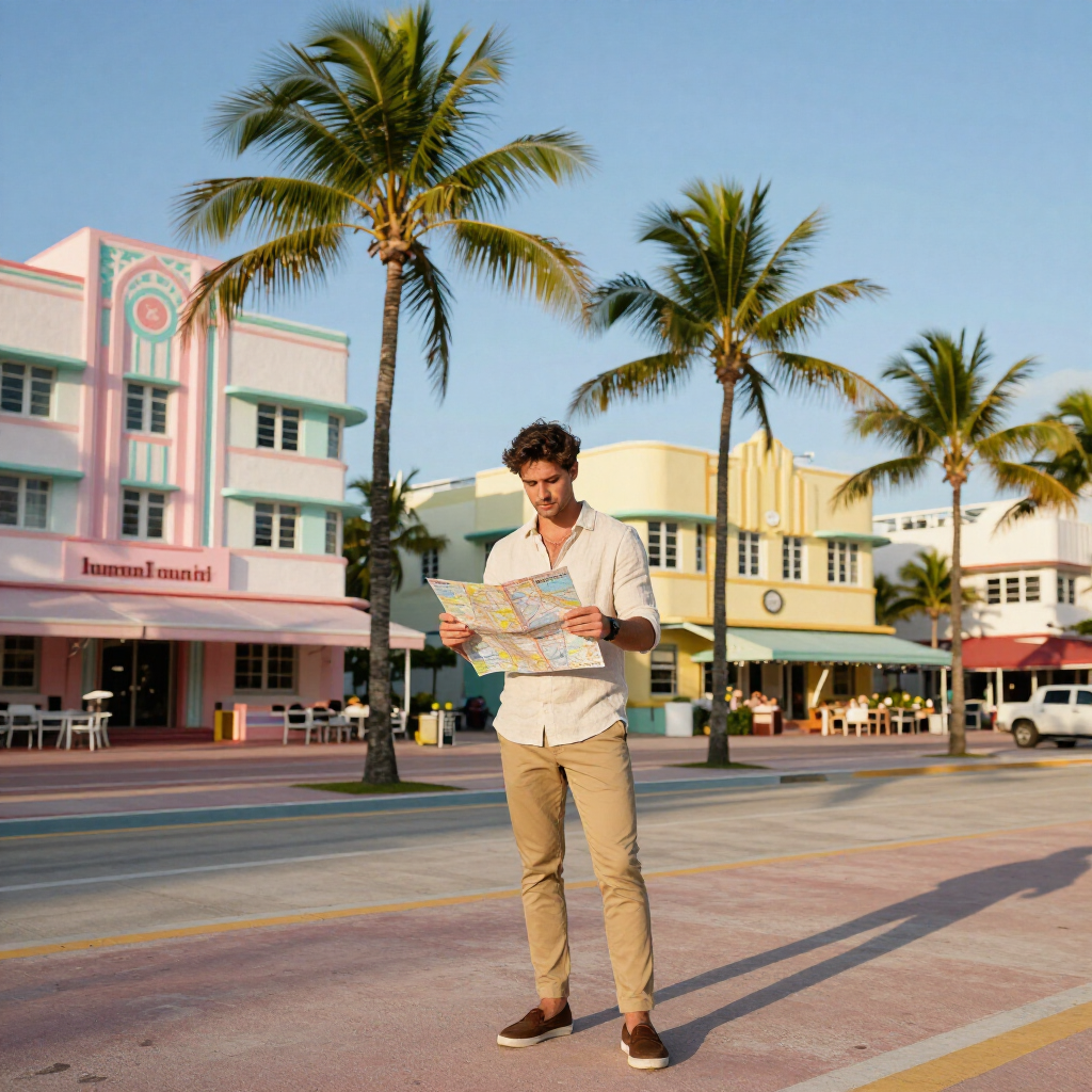 Man reading a map on a pastel street lined with palm trees and Art Deco buildings